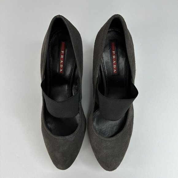 Prada‎ Linea Rossa Women's Dark Gray Mary Jane Suede Wedge Heels EU 37.5 /US 7 - Picture 4 of 17